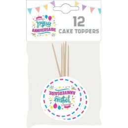 Cake toppers JOYEUX ANNIVERSAIRE multicolore 10cm - Lot de 12
