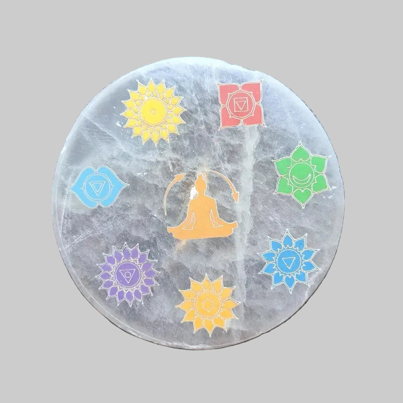 Plaque Ronde Sélénite – Symbole 7 Chakras