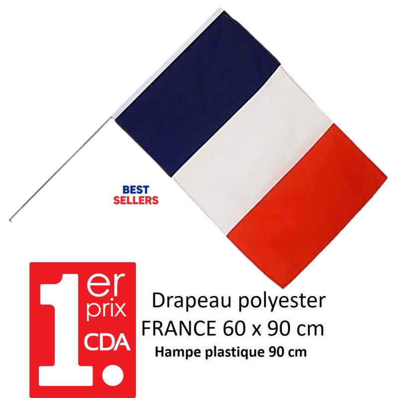 Drapeau polyester 60 x 90 cm sur hampe plastique 90 cm - Par 12