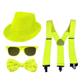 Lot de 6 / Set Sequin Néon Jaune 4 pièces - Chapeau + Nœud + Lunette + Bretelle