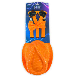 Lot de 6 / Set Sequin Néon Orange 4 pièces - Chapeau + Nœud + Lunette + Bretelle