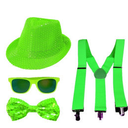 Lot de 6 / Set Sequin Néon Vert 4 pièces - Chapeau + Nœud + Lunette + Bretelle