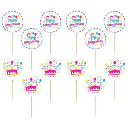 Cake toppers JOYEUX ANNIVERSAIRE multicolore 10cm - Lot de 12