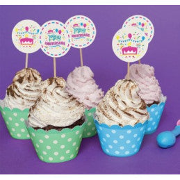 Cake toppers JOYEUX ANNIVERSAIRE multicolore 10cm - Lot de 12