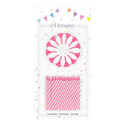 Bougies roses 6cm avec supports - Lot de 24 bougies + 12 supports