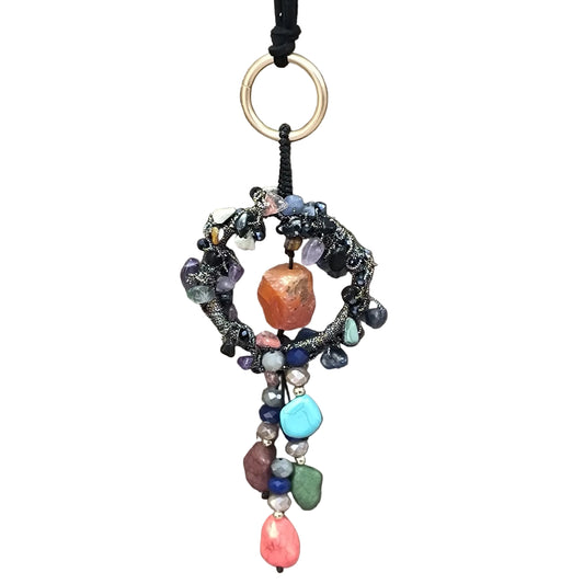 Collier pendentif cornaline brute et pierres colorées