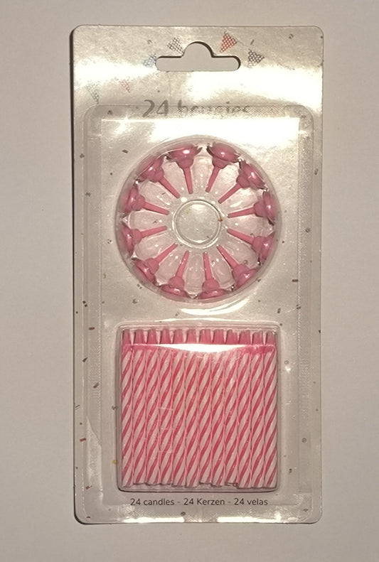 Bougies roses 6cm avec supports - Lot de 24 bougies + 12 supports