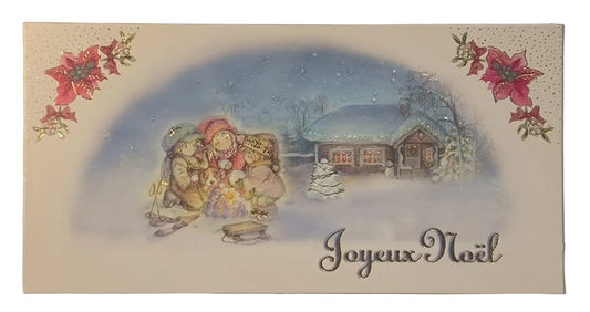 Carte Joyeux Noël – Enfants dans la neige et chalet, 17 × 8,5 cm