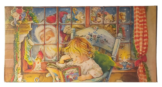 Carte de Noël à paillettes et dorures – Enfant qui lit et Père Noël