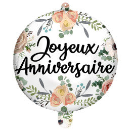 Ballon Foil 45cm Joyeux Anniversaire Fleurs Romantique CDA