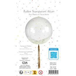Carton de 12 x Ballon Bubble 40 cm avec Plumes Blanches Tassel 45 cm Foil Or