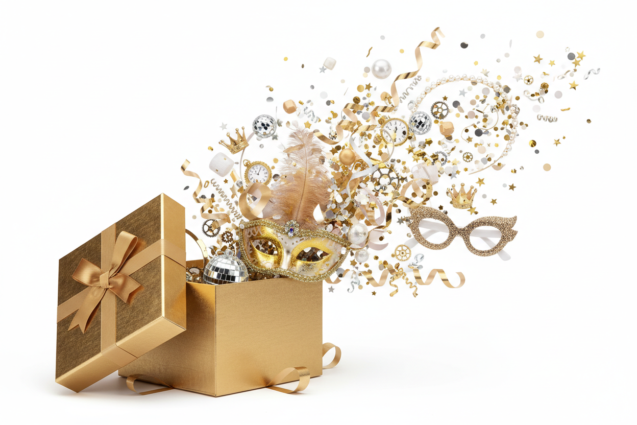 Box ouverte avec objets festifs
