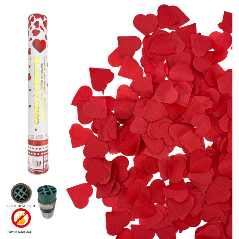 Canon à confettis 40 cm cœurs rouges ininflammable