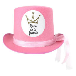 Carton de Chapeau feutre rose Reine de la journée avec ruban et tulle - Par 6
