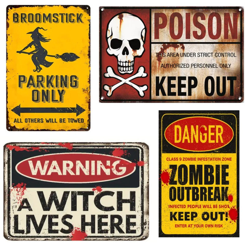 4 Plaques Métal Halloween 20x30 cm - 4 Modèles Assortis