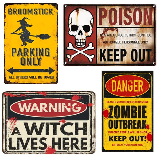 4 Plaques Métal Halloween 20x30 cm - 4 Modèles Assortis