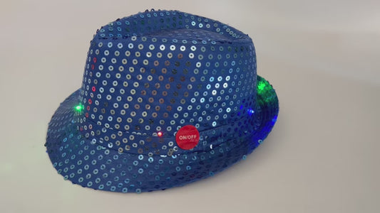 Chapeau Sequin Bleu Clignotant - 6 LED - Piles Fournies