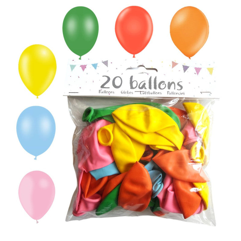 20 Ballons 6 Couleurs 23 cm - Rose/Vert/Rouge/Orange/Bleu/Jaune