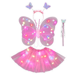 Lot de 6 / Set Papillon Rose LED 4 pièces - Tutu LED + Aile LED + Tiare + Baguette