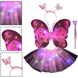 Lot de 6 / Set Papillon Rose LED 4 pièces - Tutu LED + Aile LED + Tiare + Baguette