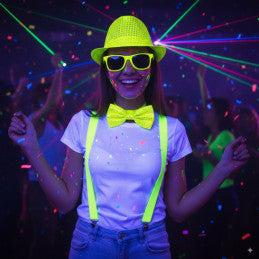 Lot de 6 / Set Sequin Néon Jaune 4 pièces - Chapeau + Nœud + Lunette + Bretelle