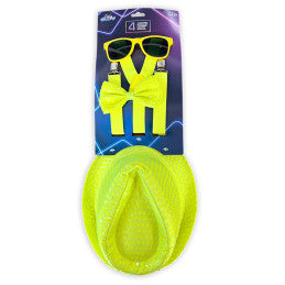 Lot de 6 / Set Sequin Néon Jaune 4 pièces - Chapeau + Nœud + Lunette + Bretelle