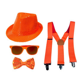 Lot de 6 / Set Sequin Néon Orange 4 pièces - Chapeau + Nœud + Lunette + Bretelle