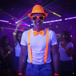 Lot de 6 / Set Sequin Néon Orange 4 pièces - Chapeau + Nœud + Lunette + Bretelle