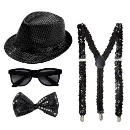 Lot de 6 Set Sequin Noir 4 pièces - Chapeau + Nœud + Lunette + Bretelle