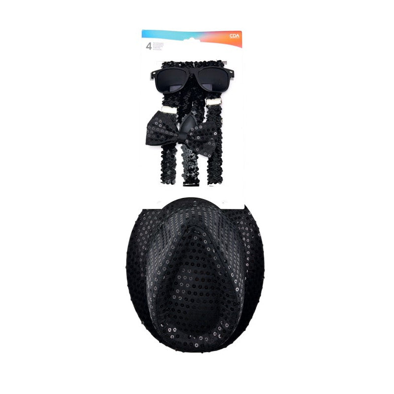 Lot de 6 Set Sequin Noir 4 pièces - Chapeau + Nœud + Lunette + Bretelle