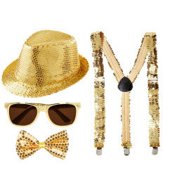 Lot de 6 Set Sequin Or 4 pièces - Chapeau + Nœud + Lunette + Bretelle