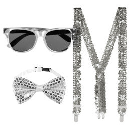 Lot de 6 Set Argent Party - Lunettes + Nœud Papillon + Bretelles