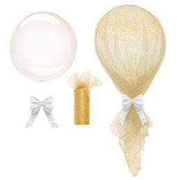 Kit Ballon Bulle 60cm + Tulle Or Glitter ou Blanc  1,6x2m + Nœud Blanc ou Or  - Par 6